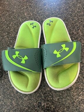 Under Armour Kids Neon Lime and Dark Green Slide Sandals